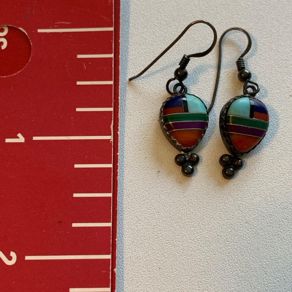 Vintage Signed Sterling Southwestern Inlay Earrings with Turquoise, Lapis - Picture 5 of 7
